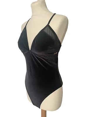 Sweaty Betty Bodysuit XS Black Velvet Body Leotard Open Back Mesh Panels • £40