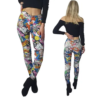 £6.99 • Buy New Womens Ladies Comic Cartoon Bang Print Leggings Stretch Trouser Pant Uk 8-26