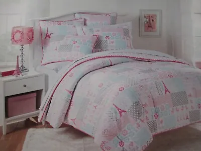 Nicole Miller 3pc Eiffel Tower Bicycle Pink White Comforter Set - Full/Queen • $129.99