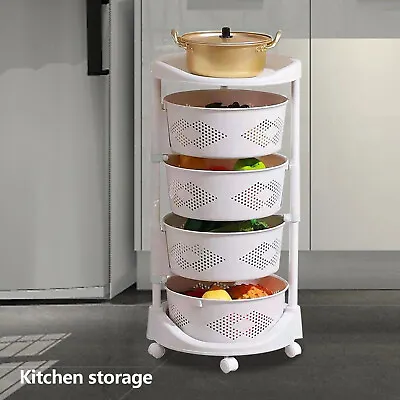 Vegetable Rack Storage Shelves 50kg Kitchen White Storage Cart Rotating Basket • $49.40