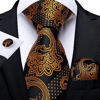  Black Gold Blue Men Tie Paisley Striped Silk Woven Necktie Hanky Cufflink Set • £7.34