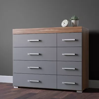 Wide Chest Of 4+4 Drawers In Grey & Walnut Bedroom Furniture 8 Drawer * NEW * • £99.95