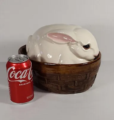 White Bunny Rabbit Covered Tureen Bowl Cookie Jar  Basket Large Vintage Easter  • $49.90