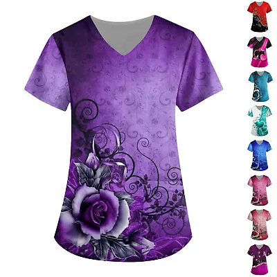 Unisex Scrub Tops Printed Short Sleeve Medical Nurse V-Neck Shirt • $12.73