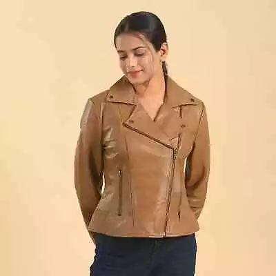 MEGA LA MAREY Tan Lambskin Genuine Leather Lapel Collar Moto Jacket-2X • $174.99