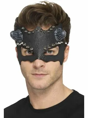 Devil Studded Eyemask - Black Demon Horns Halloween Mens Fancy Dress Costume • £6.46