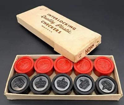 Horn Interlocking Checkers Quality Plastic Red/Black Vintage Box #614 Missing 1 • $11.97