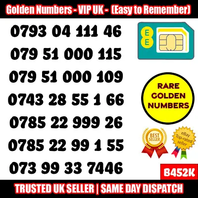 Gold Easy Mobile Number Memorable Platinum Vip Uk Pay As You Go Sim Lot - B452k • £14.95