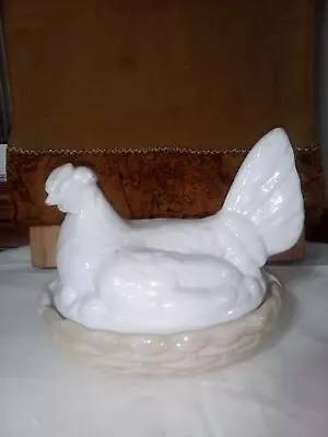 Vintage White Milk Glass Hen On A Tan Nest Bowl Chicken Chick Large 8   • $18