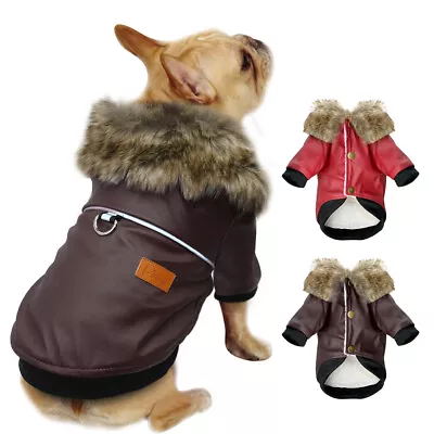 Leather Dog Jacket Fleece Lined Fur Hooded Small Dogs Winter Coat Warm Clothes  • £13.19