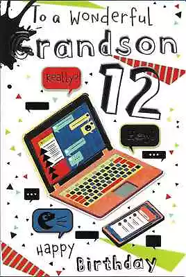 Grandson 12th Birthday Card Boys Laptop Gaming Phone Male 9x6 Greeting Card • £3.05