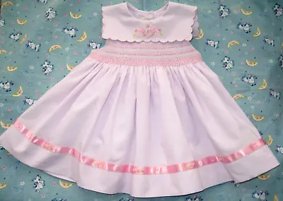 Abella Pink Smocked Baby Dress Floral Designer Romany Party Frock Ribbon 3 - 6 M • £15.95
