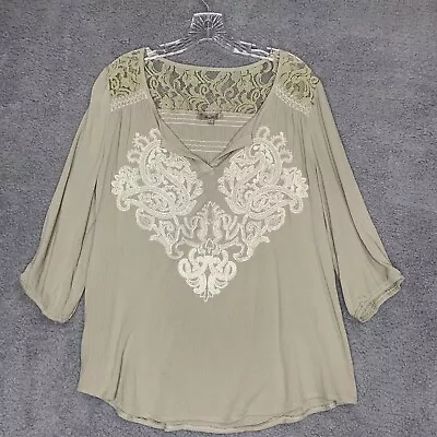 Miss Me Shirt Womens Large Green Embroidered Lace 3/4 Sleeve Pull Over Top • $12.97