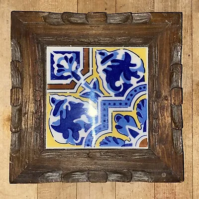 DAL-TILE MEXICO 7  X 7  Tile Hand Carved Wood Frame Trivet Blue White Yellow VTG • $9.50