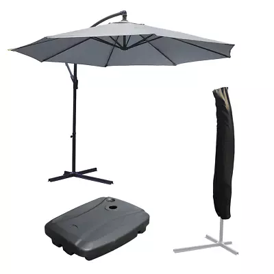 3m Large Grey + Base + Cover Cantilever Outdoor Parasol Shade Patio Umbrella • £137.95