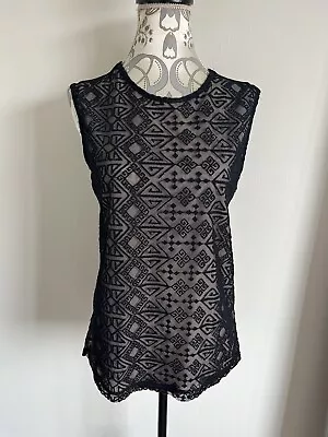 Mango Suit Black Patterned Mesh Sleeveless Top Size Small • £9.99