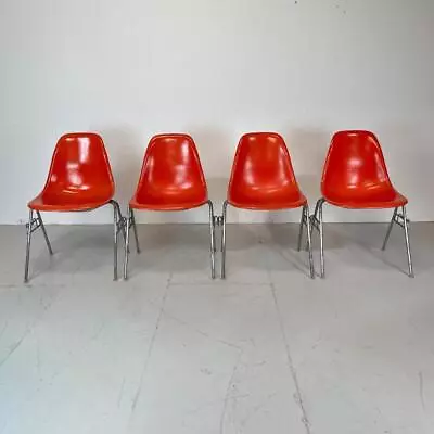 4x EAMES DSS CHAIRS HERMAN MILLER 50s 60s CORAL ORANGE STACKING BASE #3883 • $2177.59