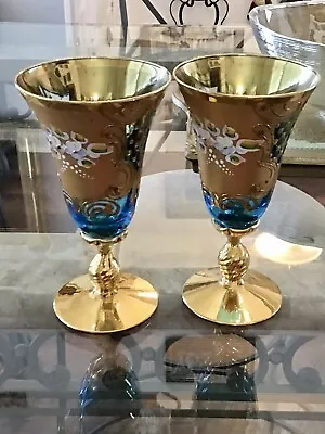 2 Vintage Italian Murano Venetian  Wine Goblets Teal Blue W/ Flowers 14k Gold • $79.99