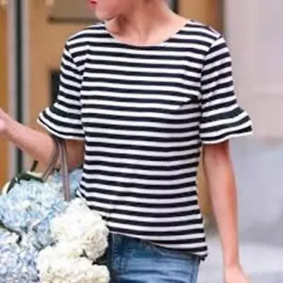 J. Crew Ruffle Sleeve Navy Blue White Stripe Top Sz Medium Tee F4422 Pullover • $8.99