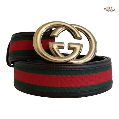 Authentic Gucci Web Canvas Dark Brown Leather Interlocking G Buckle Belt 85/34 • $349