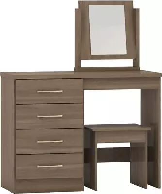 Dressing Table Set Mirror Make-Up Vanity Desk 4-Drawer Dresser Stool Rustic Oak • £125.99