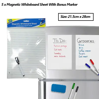 $19.95 • Buy 5 X Fridge Magnetic Whiteboard Sheet W/ Board Marker Memo Message Reminder Notes