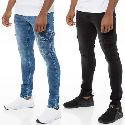 Enzo Mens Skinny Cargo Jeans Distressed Denim Stretch Fit Trousers Ripped Pants • £20.99