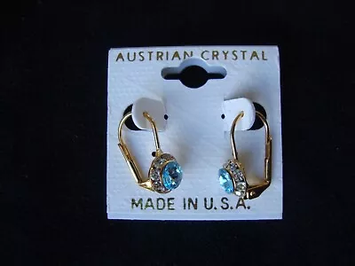 Vintage Austrian Crystal Petite Swiss Blue & Clear Cluster Gold Tone Earrings • $5.99