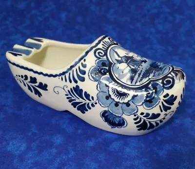 Vintage Blue Delft Dutch Shoe Ashtray Hand Painted Floral & Windmill • $11.95