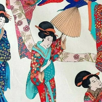 Beige Geisha Printed Cotton Fabric By Meter Japanese Lady Kimono Pink Red Floral • £24.99