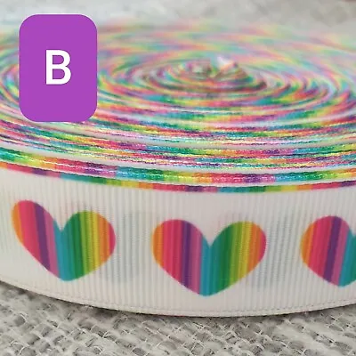 Rainbow Hearts Grosgrain Printed Ribbon 25mm Width 1  Birthday Cake Hair Bows • £2.25