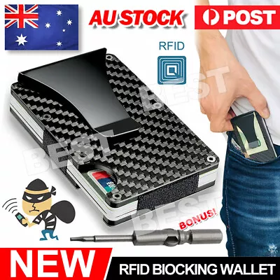 $8.95 • Buy Men Slim Carbon Fiber Credit Card Holder RFID Blocking Metal Wallet Money Clip