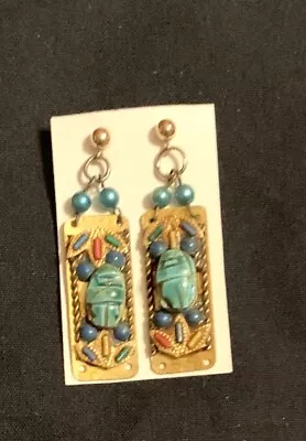 Vintage Gold Tone Dangle Scarab Pierced Earrings • $19.99