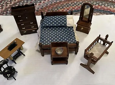 Miniature Dollhouse Bedroom Furniture Bed Dresser Mirror Sewing Machine Wash Bas • $18