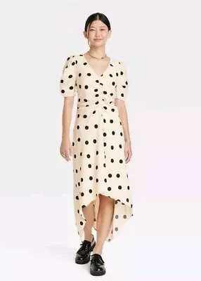 A New Day Womens Size M Crepe Short Sleeve Midi Dress Beige Black Polka Dots NEW • £11.58