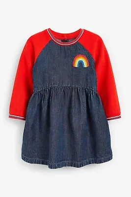 NEXT Baby Denim Blue Rainbow Detail Raglan Full Sleeve Dress 12-18 Months NEW • £8.99