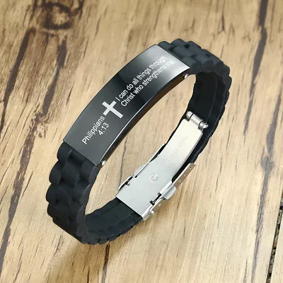 Personalized Inspirational Silicone Men's Bracelet Cuff Cross Bible Prayer Gift • $9.99