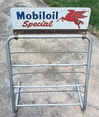 Vintage *Double Sided* MOBILOIL Special Pegasus Oil Can Rack Stand Aluminum Sign • $599.99