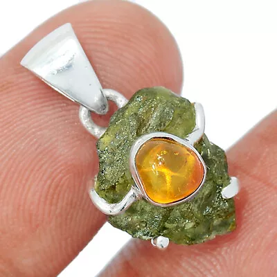 Natural Genuine Czech Moldavite & Baltic Amber 925 Silver Pendant CP15815 • $43.99