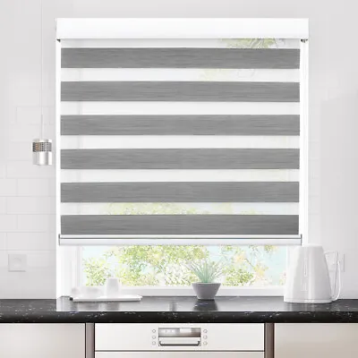 Window Blinds Marlow Blackout Zebra Roller Curtains Double Sunshade 180x210 Grey • $134.99