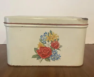 Vintage Mid Century Kitchen Fruit Design Bread Box Metal Tin Hinged Lid Vented  • $26.95