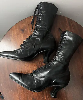 Antique Victorian Women's Black Leather Hiegh Hill Tall Lace Up Boots 1800-1900 • $99