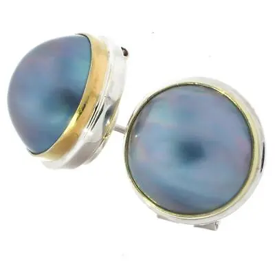 925 Silver Blue Mabe Pearl 24k Gold Rim On Sterling Omega Stud Earrings 5/8  • $56.95