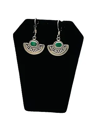 Vintage Signed Mexico Sterling Silver Green Malachite Filigree Dangle Earrings • $34