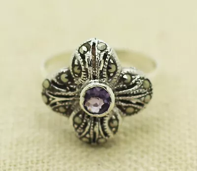 Sterling Silver Marcasite Amethyst Flower Ring Size 8 • $24