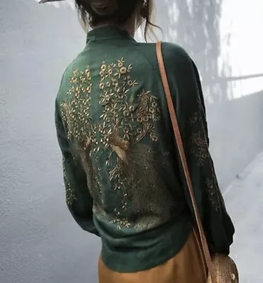 Zara Embroidered Green Jacket Kimono Peacock Size Extra Small Used • £69.99