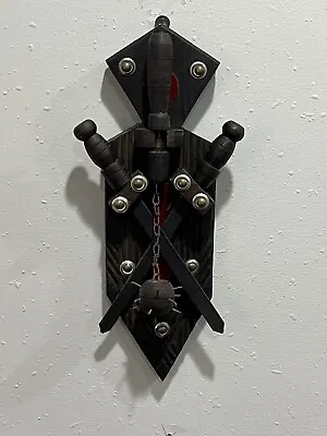 Vintage Medieval Swords Flail And Wooden Wall Rack Decor RARE Goth Ball Chain • $98.95