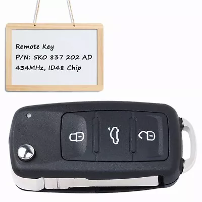 $12.37 • Buy For VW Beetle Golf Jetta Polo Tiguan Scirocco Remote Flip Key Fob 5K0 837 202 AD