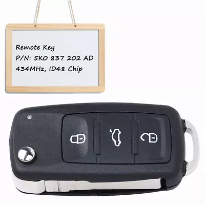 For VW Beetle Golf Jetta Polo Tiguan Scirocco Remote Flip Key Fob 5K0 837 202 AD • $15.25