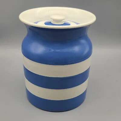 Antique Cornish T.G. Green Blue White Stripe Lid Jar Canister 7  Tall England • $42